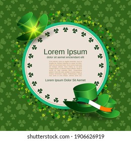 St.Patrick's Day seamless clover vector background with empty frame and leprechaun hats