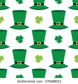 St.Patrick's Day seamless pattern background with green clover, shamrock and hats.