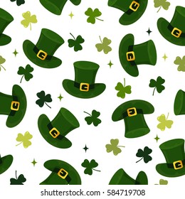 St.Patrick's Day seamless pattern background with green clover and hats.