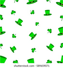 St.Patrick's Day seamless pattern background with green clovers and hats.