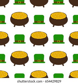 St.Patrick's Day seamless pattern background with green hats and gold coins pot vector illustration.