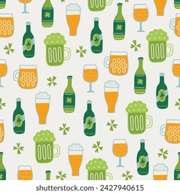 St.Patrick's Day seamless pattern with beer, bottles and shamrocks on white background. Perfect for wallpaper, gift paper, greeting cards. Vector illustration