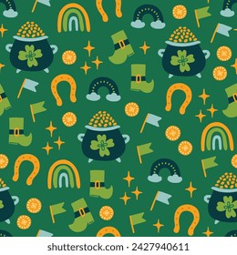 St.Patrick's Day seamless pattern with boots, coins, flags, stars, rainbows, quatrefoil, pot, horseshoe on green background. Perfect for wallpaper, gift paper, greeting cards. Vector illustration