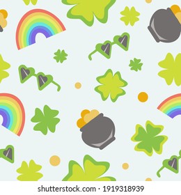 St.Patrick's Day seamless pattern with clover, rainbon, coins, shamrock. Perfect for wallpapers, gift papers, patterns fills