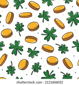 St.Patrick's day seamless pattern with clover leaves and golden coins on white background. Wrapping paper, scrapbooking, stationary, packaging, wallpaper, textile prints, etc. EPS 10