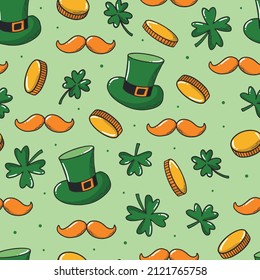 St.Patrick's day seamless pattern with clover leaves, golden coins, mustache and leprechaun hats on light green background. Irish print, holiday wrapping paper, scrapbooking, wallpaper, etc. EPS 10