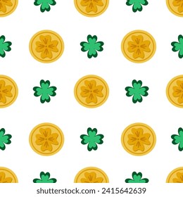 St.Patricks day seamless pattern with clover leaves and golden coins on white background