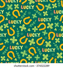 St.Patrick's Day seamless pattern with clover, branch, horseshoe, letters and quatrefoil. Perfect for wallpapers, gift papers, patterns fills, textile, St. Patrick's Day greeting cards