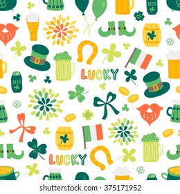 St.Patrick's Day seamless pattern with clover, horseshoe, letters, beer, Irish flag, coins, firework, leprechaun hat, shoes, barrel of beer, bow. Perfect for wallpapers, gift papers, patterns fills