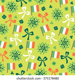 St.Patrick's Day seamless pattern with clover, firework, bow and Irish flag. Perfect for wallpapers, gift papers, patterns fills, textile, St. Patrick's Day greeting cards