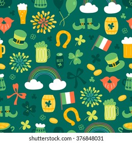 St.Patrick's Day seamless pattern with clover, rainbow, horseshoe, beer, Irish flag, coins, firework, leprechaun hat, shoes, barrel of beer, bow. Perfect for wallpapers, gift papers, patterns fills