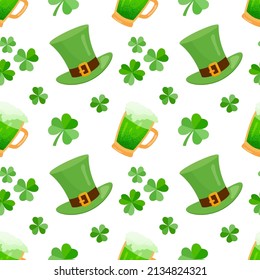 St.Patrick's Day seamless pattern with clovers, hat and glass of beer. Vector color illustration on the white background.