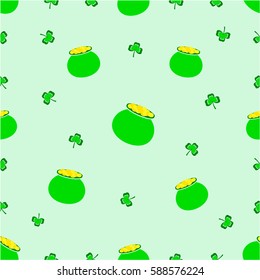 St.Patrick's Day seamless pattern  with clovers and pots on a green background.