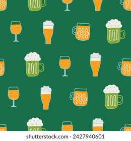 St.Patrick's Day seamless pattern with different beer glasses on green background. Perfect for wallpaper, gift paper, greeting cards. Vector illustration