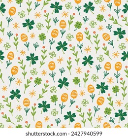 St.Patrick's Day seamless pattern with flowers, stars, quatrefoil and shamrocks on white background. Perfect for wallpaper, gift paper, greeting cards. Vector illustration
