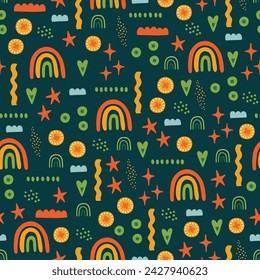 St.Patrick's Day seamless pattern with rainbows, coins, hearts, stars, geometric shapes on dark green background. Perfect for wallpaper, gift paper, greeting cards. Vector illustration
