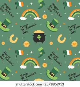 St.Patrick's Day seamless pattern. Repeating green background with rainbow, hat, coins, pot of gold, saint patricks symbols. Perfect for wallpaper, gift paper, wrapping paper, greeting card, packaging