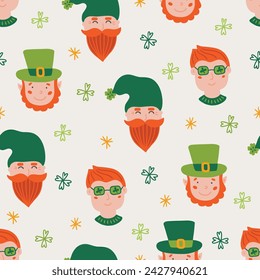 St.Patrick's Day seamless pattern with shamrocks, man, stars, leprechaun on white background. Perfect for wallpaper, gift paper, greeting cards. Vector illustration