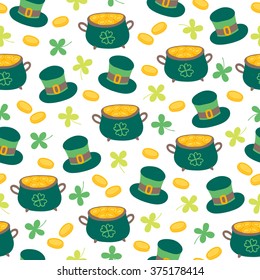 St.Patrick's Day seamless pattern with treasure, coins, leprechaun hat and clover. Perfect for wallpapers, gift papers, patterns fills, textile, St. Patrick's Day greeting cards