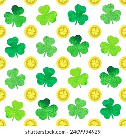 St.Patrick's day seamless pattern with watercolor clover leaves and golden coins on white background