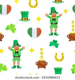 St.Patrick's day seamless pattern with watercolor clover leaves, flag, leprechaun and hat on white background