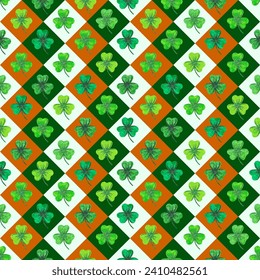 St.Patrick's day seamless pattern with watercolor clover leaves and golden stars on white background