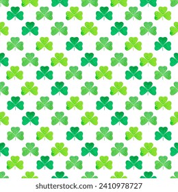 St.Patrick's day seamless pattern with watercolor clover leaves on white background