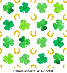 St.Patrick's day seamless pattern with watercolor clover leaves and golden stars on white background