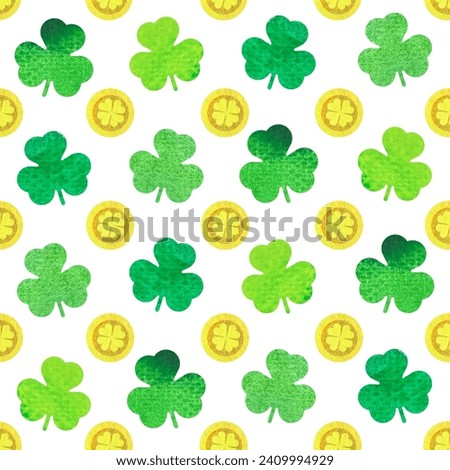 St.Patrick's day seamless pattern with watercolor clover leaves and golden coins on white background