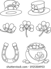 St.Patrick's day set cartoon leprechaun's hat,cauldron with gold, horseshoe and shamrock.
Vector isolated illustration. Can used for coloring book, printing on clothes, banners, posters, web design.
