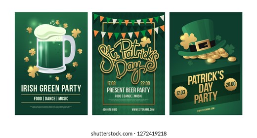 St.Patrick's Day. Set of festive posters with symbols of Irish holiday on green background. Beer mug with foam and golden clover, a Leprikon hat and gold coins, pennant garland. Vector illustration.