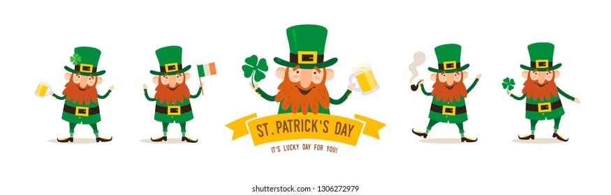 St.Patrick's Day. A set of funny cartoon Leprechauns with attributes of the Irish holiday: a flag, a beer mug, a clover leaf, a smoking pipe on a white background. Festive vector illustration.