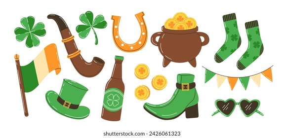 Colección de artículos del Día de San Patricio. Conjunto de símbolos irlandeses. Trébol, calcetines, olla de oro, banderas irlandesas, cerveza, sombrero verde, zapato verde, herradura, monedas