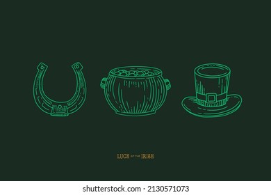 St.Patrick's Day. A set of traditional elements of a beer festival: a horseshoe for good luck, a pot of coins, Leprechaun hat. Green vector illustration in style of engraving on dark background.