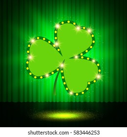 St.Patrick's Day with shining Shamrock on curtain background. Vector illustration