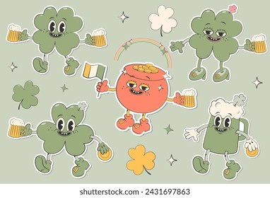 Adhesivos del día de San Patricio set.Pot con oro y bandera, trébol de cuatro hojas con arco iris, cerveza verde, otros símbolos de vacaciones.Funky 00s Y2k estética retro.Patrick concept.Vector ilustración EPS 10