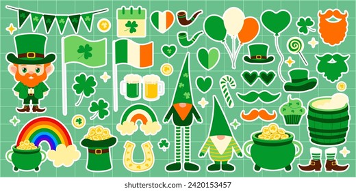 St.Patrick's Day stickers set. Vector illustration with shamrock, leprechaun, clover, March 17th, hat, gnome.