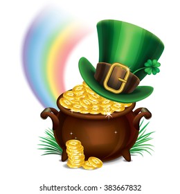 St.Patrick's Day symbols-Pot Of Gold and leprechaun hat. Magical Treasure. Vector illustration