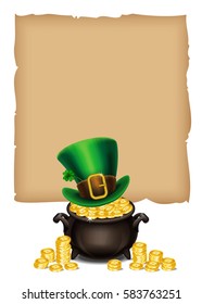 St.Patrick's Day symbols-Pot Of Gold and leprechaun hat. St.Patrick's Day background, Magical Treasure. Vector illustration