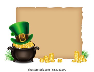 St.Patrick's Day symbols-Pot Of Gold and leprechaun hat. St.Patrick's Day background, Magical Treasure. Vector illustration