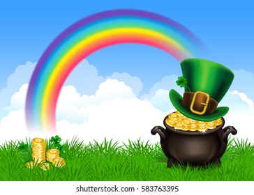 St.Patrick's Day symbols-Pot Of Gold and leprechaun hat. St.Patrick's Day background, Magical Treasure. Vector illustration