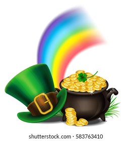 St.Patrick's Day symbols-Pot Of Gold and leprechaun hat. St.Patrick's Day background, Magical Treasure. Vector illustration