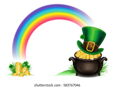 St.Patrick's Day symbols-Pot Of Gold and leprechaun hat. St.Patrick's Day background, Magical Treasure. Vector illustration