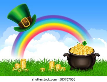 Símbolos del Día de San Patricio - Pot Of Gold y sombrero leprechaun. Antecedentes del Día de San Patricio, tesoro mágico. Ilustración del vector