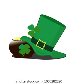 St.Patrick's Day theme. Green hat and pot wth golden coins. Vector illustration