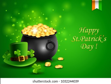 St.Patricks Day ,Treasure of Leprechaun, Pot Full of Golden Coins and hat, Vector illustration.