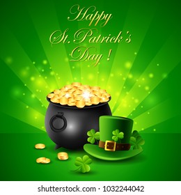 St.Patricks Day ,Treasure of Leprechaun, Pot Full of Golden Coins and hat, Vector illustration.