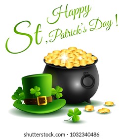 St.Patricks Day ,Treasure of Leprechaun, Pot Full of Golden Coins and hat, Vector illustration.