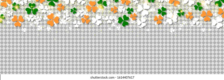 St.Patrick's Day vector banner template. Colorful clover leaves on transparent background