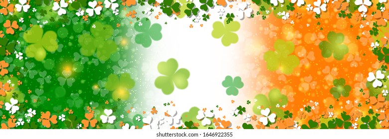 Banner-Vorlage für die St.Patrick's Day Vektorillustration. irische Flagge unscharfer Hintergrund mit Kleeblatt und Bokeh-Effekt